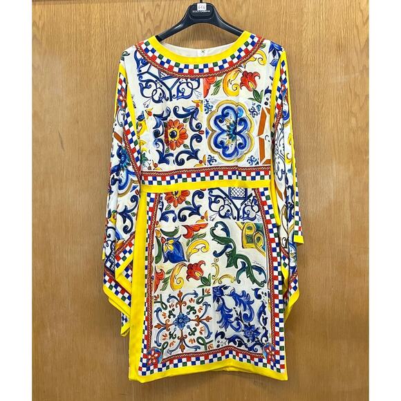NWT Dolce & Gabbana White Yellow Majolica print Silk Charmeuse Dress IT 40 S - Picture 9 of 12
